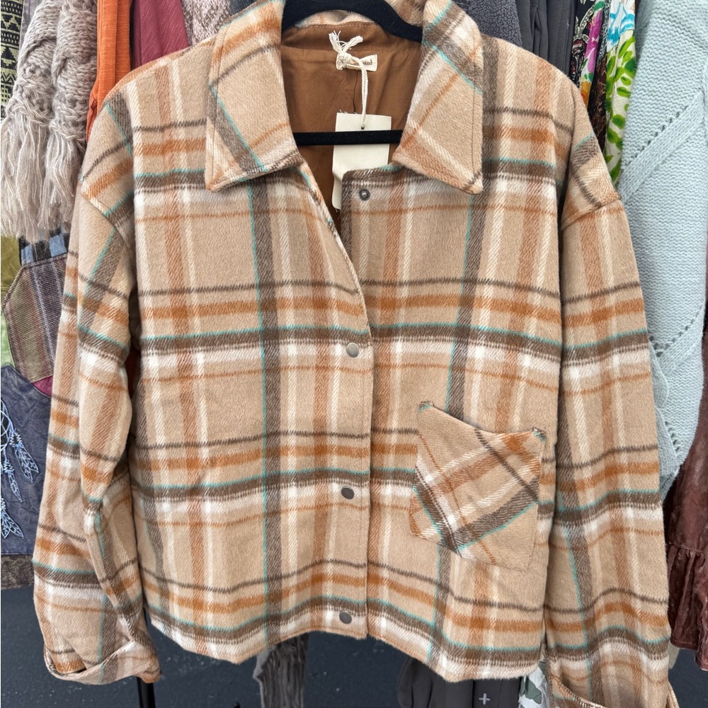 Plaid Tan Hem & thread shacket